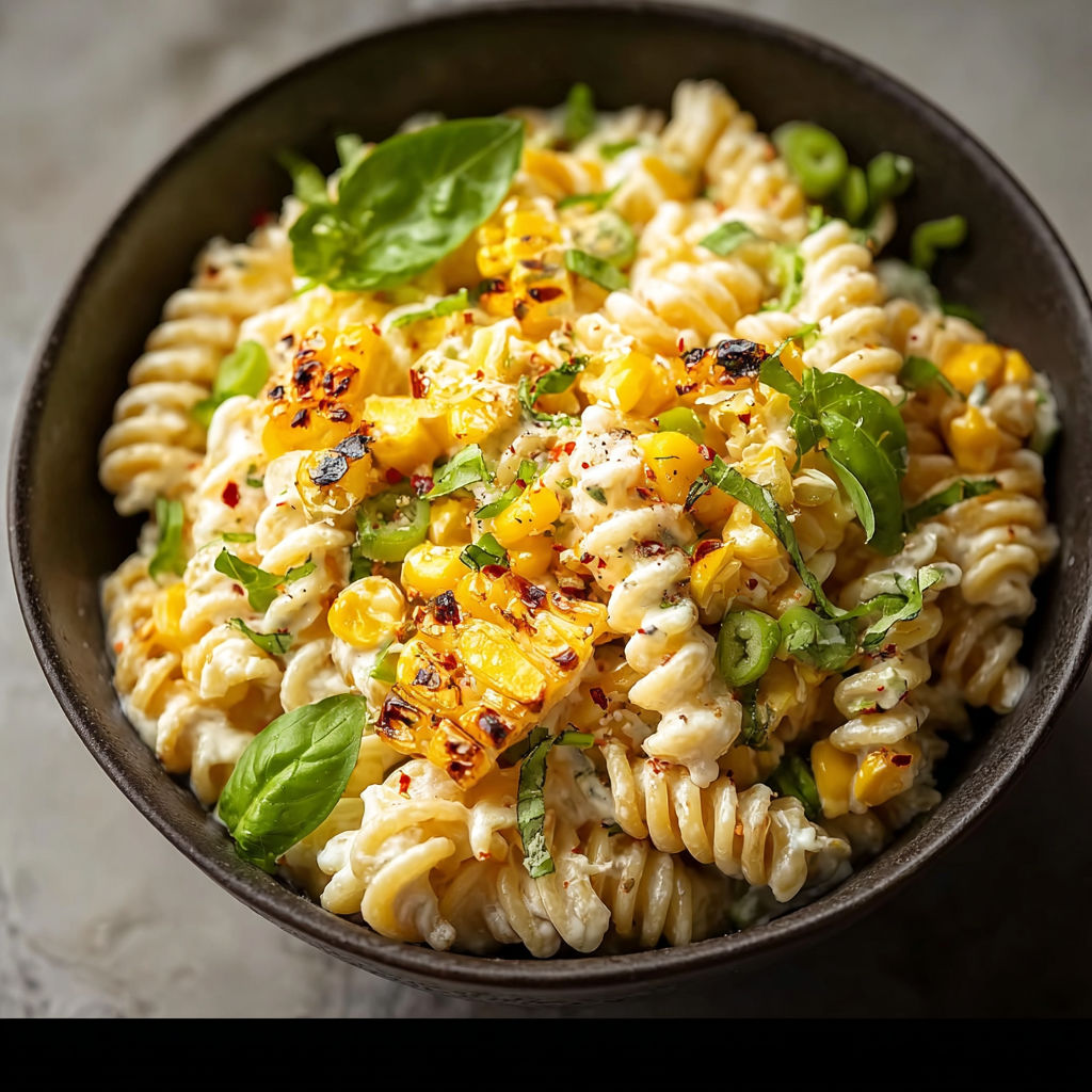 A bowl of pasta with vegetables and spices.