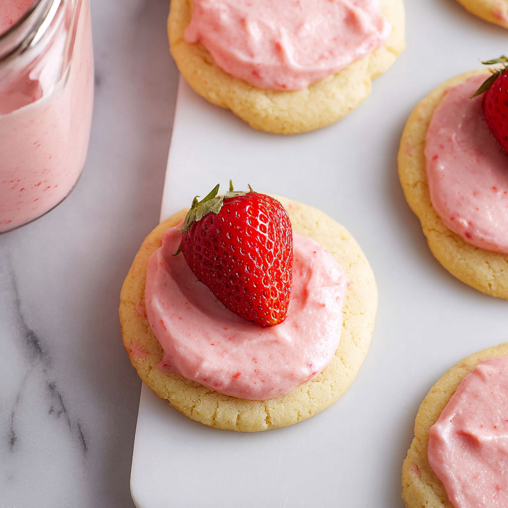 A cookie with a strawberry on top.