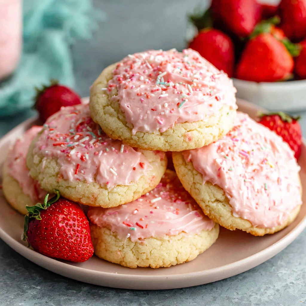 A plate of pink cookies with strawberries on top.