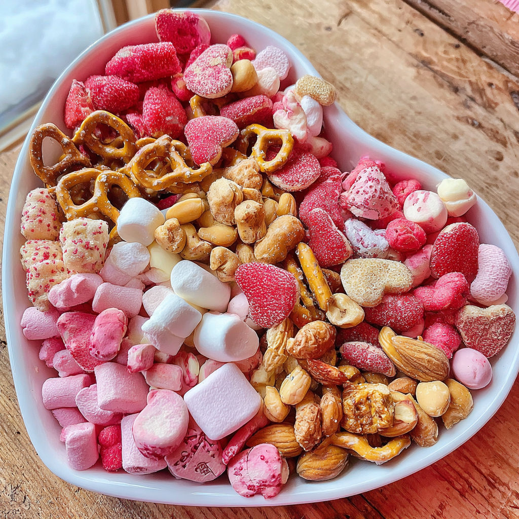 A white bowl filled with a variety of candies and nuts.