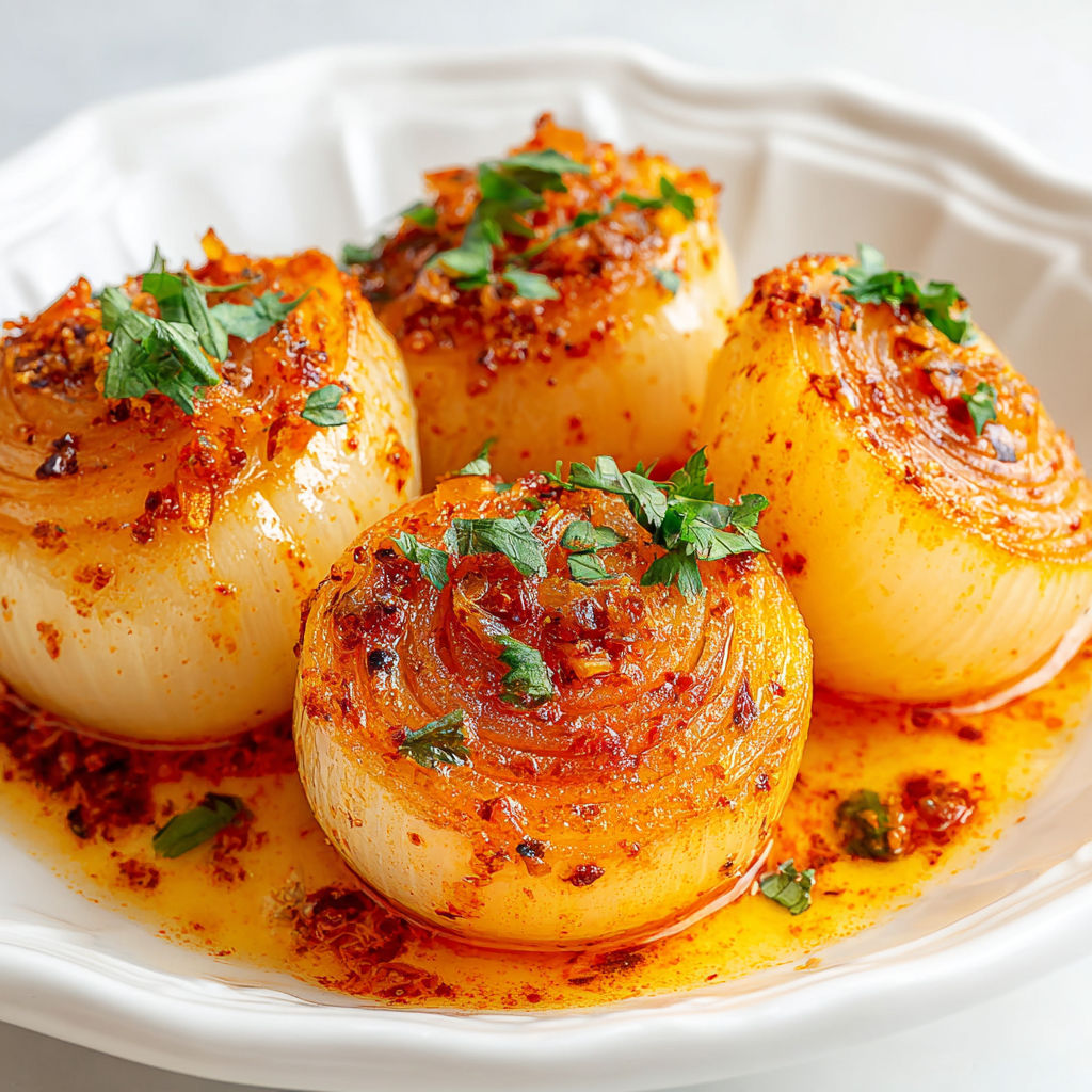 Onions on a plate with sauce.