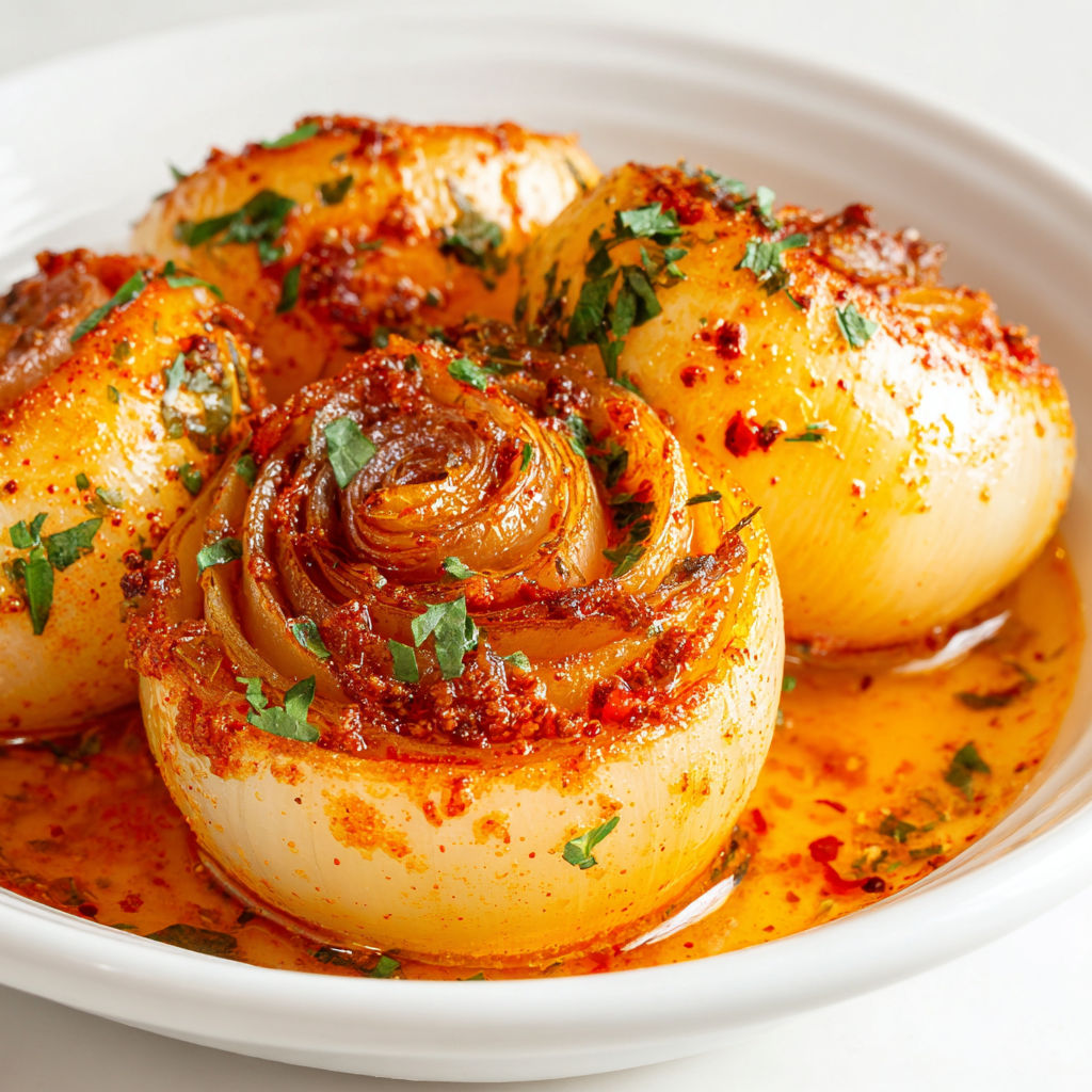 A plate of onions with a red sauce.