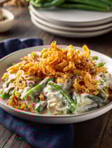 A plate of food with green beans and cheese.