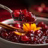A spoon is in a bowl of cranberry sauce.