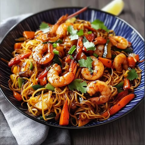 Stir-Fried Chinese Noodles with Vegetables and Shrimp