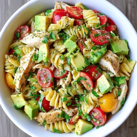 Healthy Chicken Pasta Salad with Avocado, Tomato