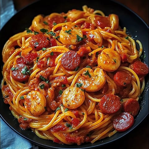 Spaghetti with Cream of Pepper, Chorizo, and Shrimp