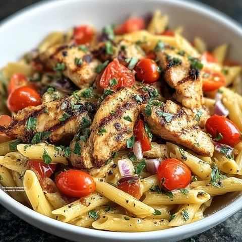 A bowl of pasta with chicken and tomatoes.
