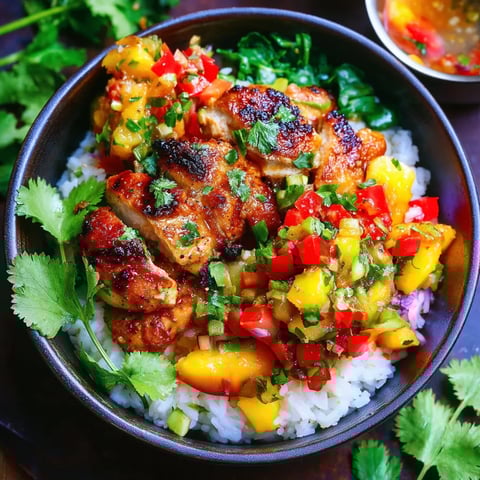 A bowl of chicken with peach salsa.