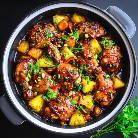 A close up of a crockpot filled with chicken and pineapple.