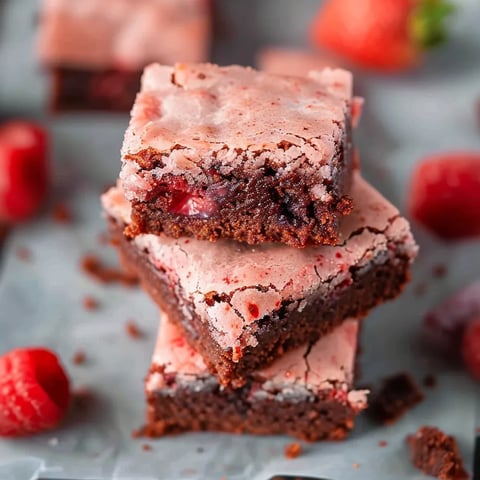 A stack of brownies with strawberries on top.