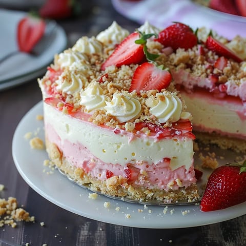 A slice of strawberry crunch cheesecake on a plate.