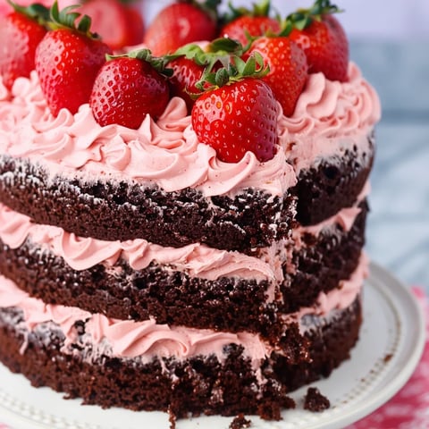 A chocolate cake with strawberry buttercream frosting.