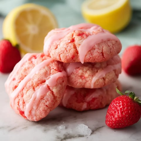 A stack of red cake mix cookies with pink icing and strawberry lemon glaze.