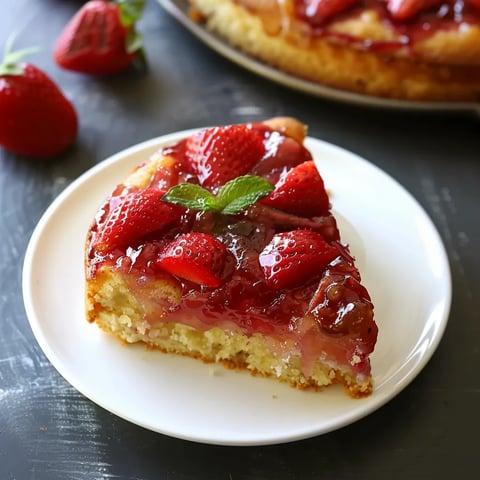 A slice of strawberry rhubarb upside down cake.