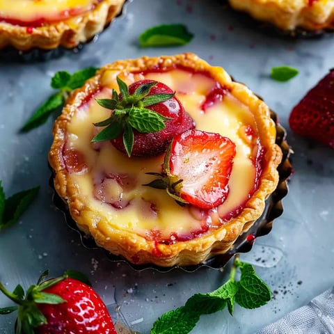A close up of a strawberry honey custard tart.
