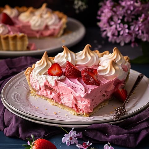 A slice of pink and white cream tart with strawberries.