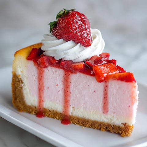 A slice of baked strawberry cheesecake with a strawberry on top.