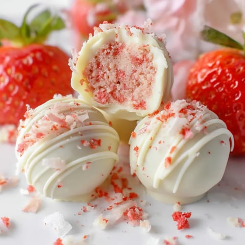 White chocolate strawberry truffles on a plate.
