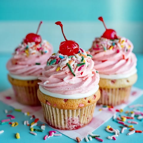 Three cupcakes with strawberries on top.