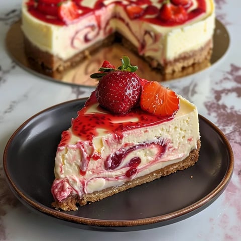 A slice of strawberry swirl cheesecake on a plate.