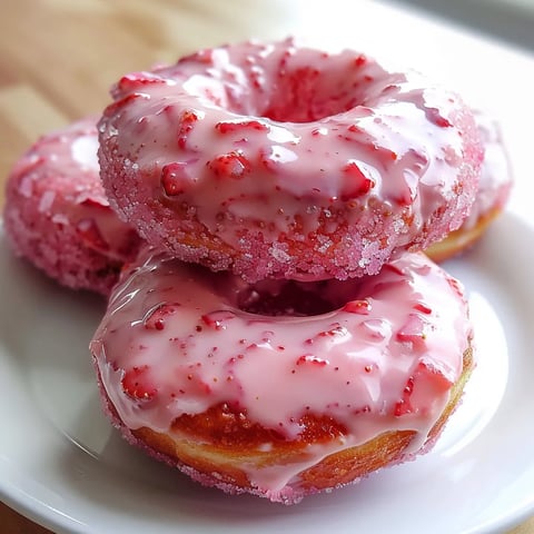 Three donuts with pink frosting and strawberries on top.