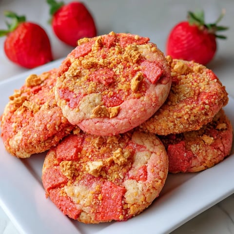 A stack of red and white cookies with a strawberry on top.
