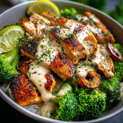 A bowl of grilled chicken and broccoli with creamy garlic sauce.