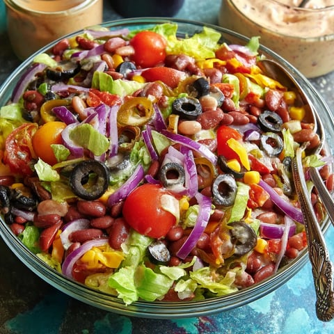 A bowl of cowboy salad with lettuce, tomatoes, olives, beans, and peppers.