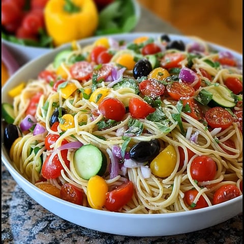 A bowl of spaghetti salad with tomatoes, cucumbers, and olives.
