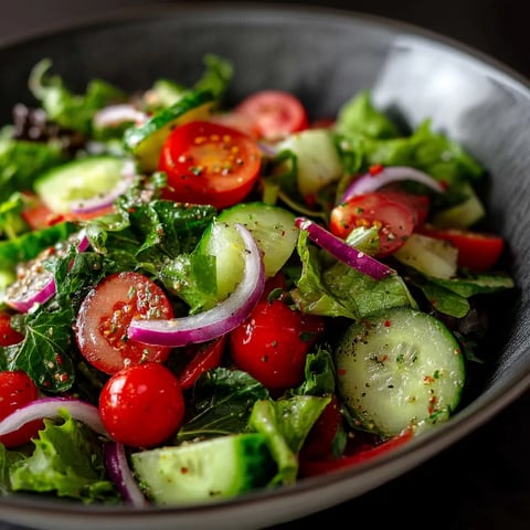 A bowl of garden salad with tomatoes, cucumbers, onions, and lettuce.
