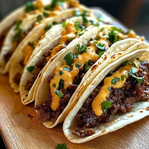 A plate of tacos with garlic butter and honey BBQ sauce.