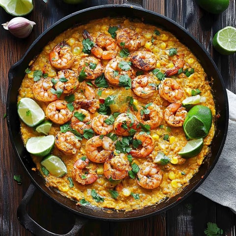 A pan of shrimp and creamed corn.