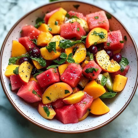 A bowl of fruit salad with watermelon, peaches, and mint.