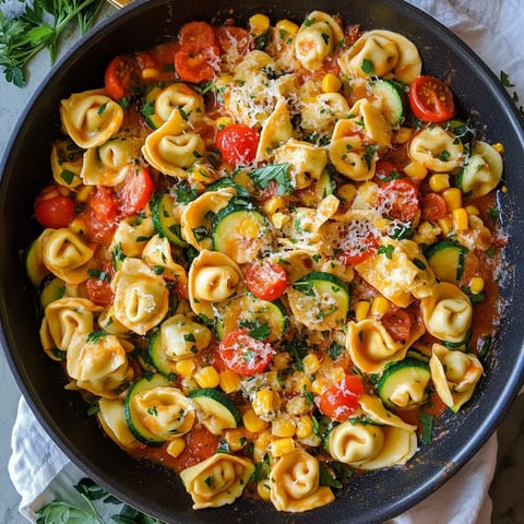 A bowl of pasta with tomatoes, corn, and zucchini.