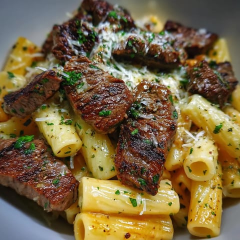 A plate of garlic butter steak tips and cheesy rigatoni.