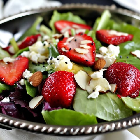 A plate of salad with strawberries and blue cheese.