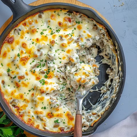A close up of a stuffed mushroom dip.