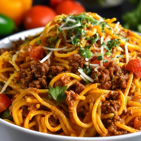 A bowl of spaghetti with meat and tomatoes.