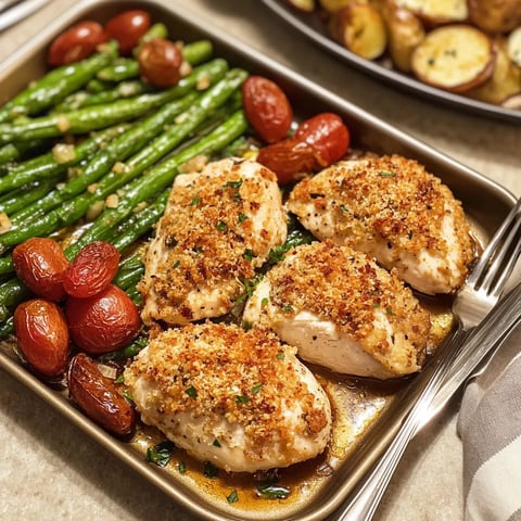 A pan of chicken with tomatoes and green beans.