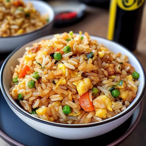 A bowl of rice with peas and carrots.