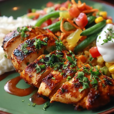 A plate of food with chicken, rice, and vegetables.