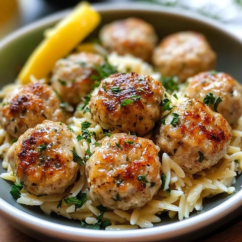 A bowl of Greek chicken meatballs with lemon orzo.