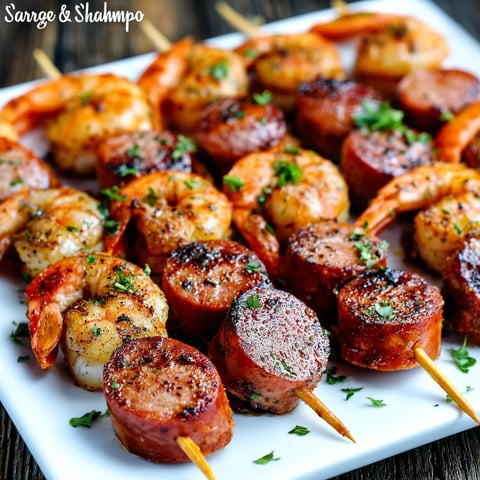 Sausage and shrimp kabobs on a white plate.