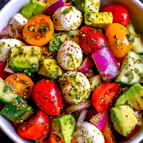 A bowl of salad with tomatoes, cucumbers, avocado, mozzarella, and basil pesto.