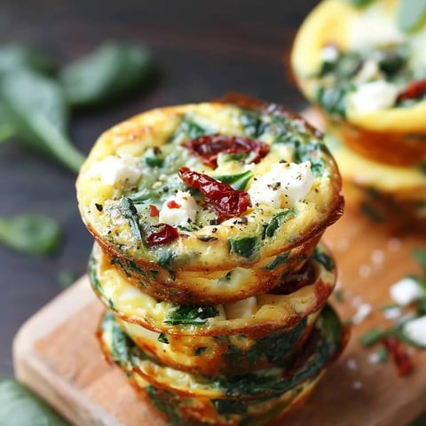 Three stacked spinach, feta and sun-dried tomato egg muffin cups.