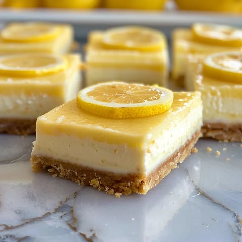 A slice of lemon cheesecake on a marble counter.