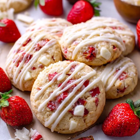Strawberry shortcake cookies with white icing and strawberries.