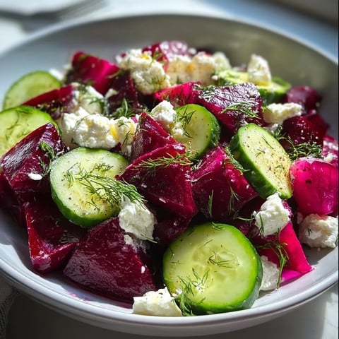 A bowl of beet salad with feta, cucumbers, and dill.