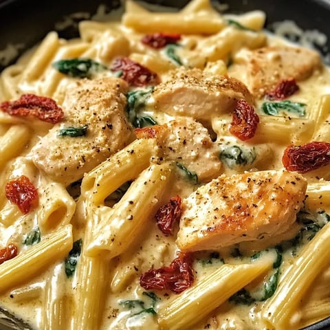 A dish of Tuscan chicken pasta with cottage cheese.